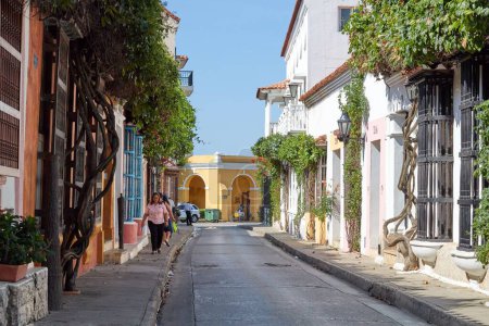Photo for A regular footage of a street in Cartagena with beautiful houses decorated with plants and flags - Royalty Free Image