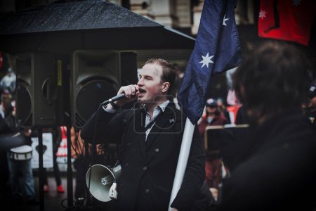 Photo for A man giving a speech in a freedom protest in Melbourne - Royalty Free Image