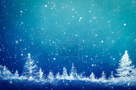 Téléchargez les photos : Un fond bleu de Noël ou une carte de vœux avec beaucoup d'arbres de Noël couverts de neige et de flocons tombant - en image libre de droit