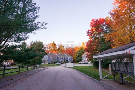 Téléchargez les photos : Une vue panoramique sur le parc d'automne avec des arbres colorés devant les maisons - en image libre de droit