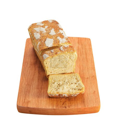 Téléchargez les photos : Un pain coupé en 3d sur une planche de bois isolée sur fond blanc. - en image libre de droit