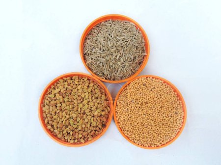 Three mostly used spices for seasoning in Indian cuisines. These are seeds of fenugreek, cumin and mustard.