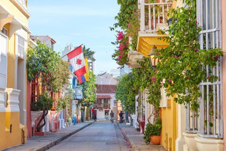 Téléchargez les photos : Une séquence régulière d'une rue de Carthagène avec de belles maisons décorées avec des plantes et des drapeaux - en image libre de droit