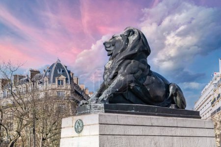 Photo for Paris, France, beautiful lion place Denfert-Rochereau in the 14e arrondissement, with typical buildings - Royalty Free Image