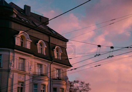 Photo for A beautiful shot of an old building seen behind electricity wires at pink sunset - Royalty Free Image