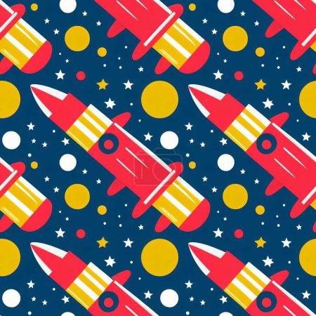 Foto de Un patrón sin costuras lindo de cohetes de dibujos animados que vuelan en el espacio con estrellas brillantes - Imagen libre de derechos
