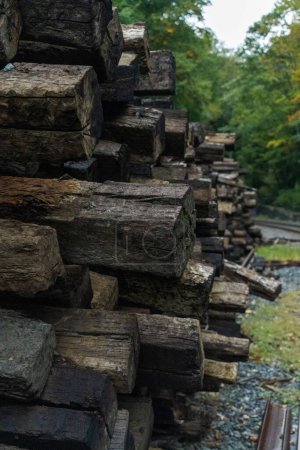 Photo for Wooden sleepers with a pile up beside a railroad in the forest, vertical shot - Royalty Free Image