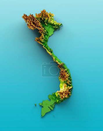 Téléchargez les photos : Une illustration 3D de la carte du Vietnam Relief ombragé Couleur Hauteur carte sur la mer Bleu Fond - en image libre de droit