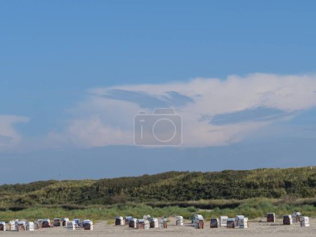 Téléchargez les photos : Un paysage de cabanes à la plage entouré de verdure à Spiekeroog, Allemagne - en image libre de droit
