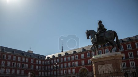 Photo for The Plaza Mayor and a statue in a public space in the heart of Madrid, Spain - Royalty Free Image
