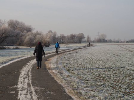 Photo for A landscape of winter frost and people walking on a winding road in Darmstadt-Arheilgen Germany - Royalty Free Image