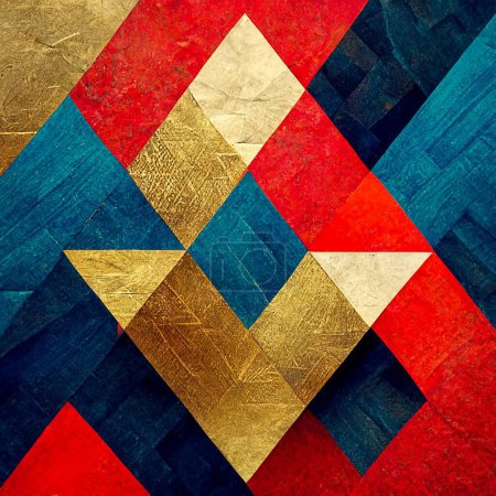Téléchargez les photos : Des carrés géométriques abstraits colorés avec motif et lignes dorées, rouges et bleues - en image libre de droit