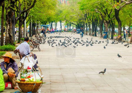 Foto de Una bandada de palomas en Lumphini Park. Bangkok, Tailandia. - Imagen libre de derechos