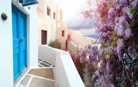 Photo for A classic greek architecture of streets and purple Wisteria flowers on Cyclades islands - Royalty Free Image