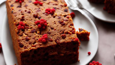 Photo for Spiced Fruit cake on a plate with crumbs and fruit - Royalty Free Image