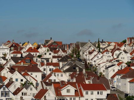 Photo for A beautiful shot of traditional wooden houses with red roofs in Stavanger, Norway - Royalty Free Image