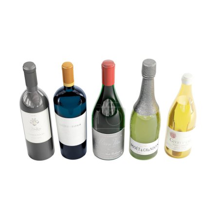 Téléchargez les photos : Illustration 3D de bouteilles de boissons alcoolisées isolées sur fond blanc - en image libre de droit