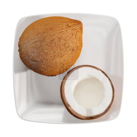 Téléchargez les photos : La noix de coco 3d sur une plaque isolée sur un fond blanc. - en image libre de droit