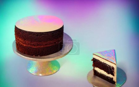 Téléchargez les photos : Un rendu 3D de fond de dessert rêveur dans des couleurs pastel vives avec gâteau - en image libre de droit