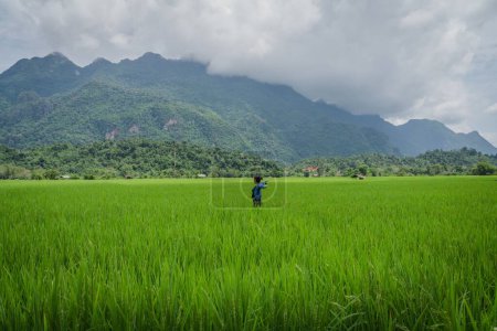 Foto de Una hermosa vista de una mujer disfrutando de la vista en el campo de arroz en Lao - Imagen libre de derechos