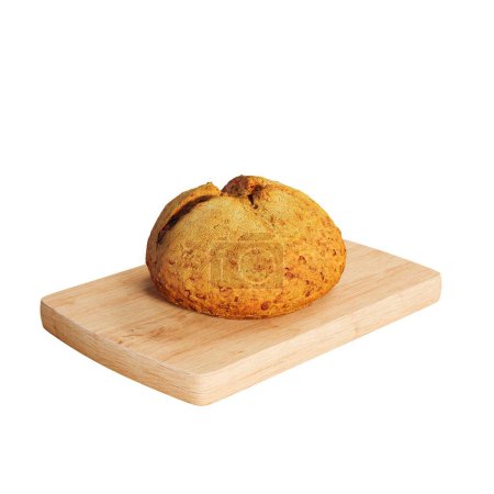 Téléchargez les photos : Un pain rond 3d sur une planche de bois isolée sur un fond blanc. - en image libre de droit