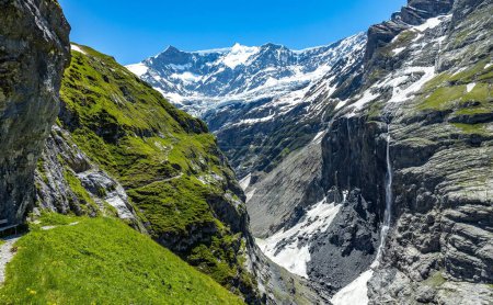 Téléchargez les photos : Les pics montagneux escarpés de Grindelwald avec certaines des hauteurs couvertes de neige et un peu d'herbe - en image libre de droit