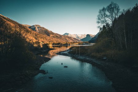 Téléchargez les photos : Plan rapproché d'une rivière traversant des arbres et des plantes dans un parc d'automne sous le ciel bleu - en image libre de droit