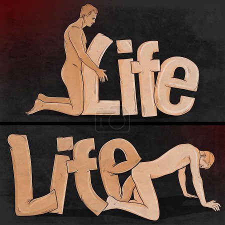 Téléchargez les photos : Illustration d'un homme ayant des rapports sexuels avec le mot vie - le concept de vie injuste - en image libre de droit