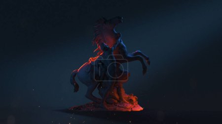 Téléchargez les photos : Sculpture d'un homme manipulant un cheval debout dans le noir avec chaleur - en image libre de droit