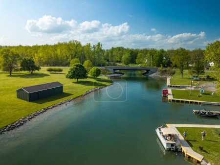 Photo for An aerial view of the river and greenery of Emerson park before the blue skyline - Royalty Free Image