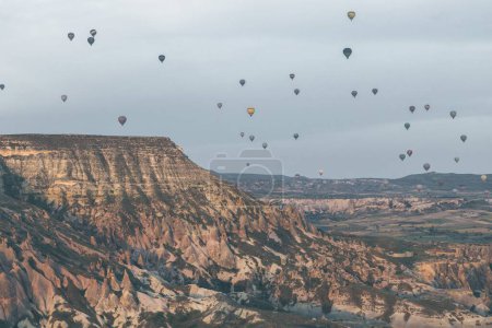 Téléchargez les photos : Une vue à couper le souffle sur une vallée éclairée du Pasabag à Cappadokia, par une journée ensoleillée, avec des montgolfières volant autour - en image libre de droit