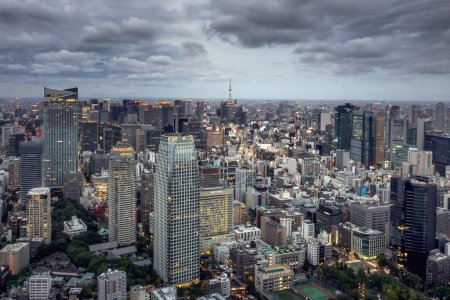 Téléchargez les photos : Une vue aérienne à couper le souffle sur un paysage urbain du centre-ville de Tokyo, avec une architecture moderne, des lumières allumées par une soirée nuageuse - en image libre de droit