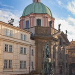 A vertical shot of the Krizovnik square with the statue of Charles the Forth in Prague, Czech Republic