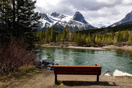 Téléchargez les photos : La vue des Rocheuses canadiennes avec une rivière qui coule vers les montagnes crêtes, des arbres jaunes autour - en image libre de droit