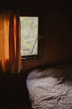Foto de Un plano vertical de una cama cerca de una ventana con vista al bosque en una cabaña - Imagen libre de derechos