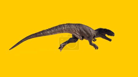 Téléchargez les photos : Un grand dinosaure Giganotosaurus grognant isolé sur un fond jaune - en image libre de droit