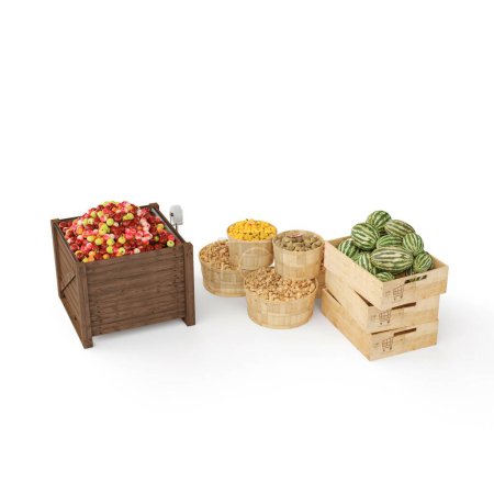 Téléchargez les photos : Quelques boîtes en bois avec fruits, pastèques et grains isolés sur le fond blanc - en image libre de droit