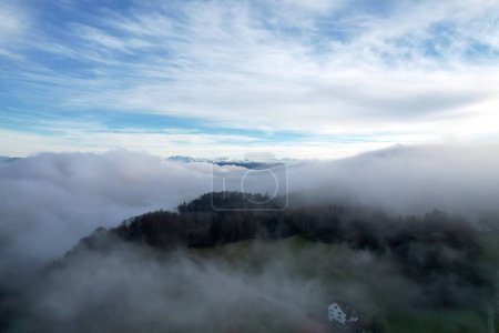 Foto de Un plano aéreo de un bosque de árboles siempreverdes y una casa cubierta de niebla bajo el cielo azul - Imagen libre de derechos