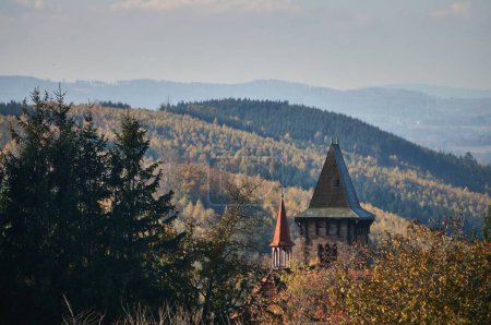 Foto de Un hermoso plano de los tejados de un castillo histórico rodeado de árboles en una montaña - Imagen libre de derechos