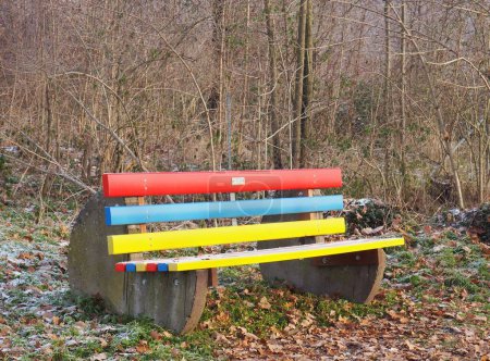 Téléchargez les photos : Un banc coloré avec des stands en béton semi-circulaire isolé dans un parc - en image libre de droit