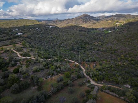 Téléchargez les photos : Vue aérienne d'une route entre des montagnes couvertes de forêts et un ciel bleu nuageux - en image libre de droit