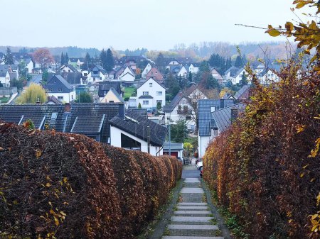 Foto de Una pasarela que conduce a un barrio de casas residenciales en una ciudad en un día de otoño - Imagen libre de derechos