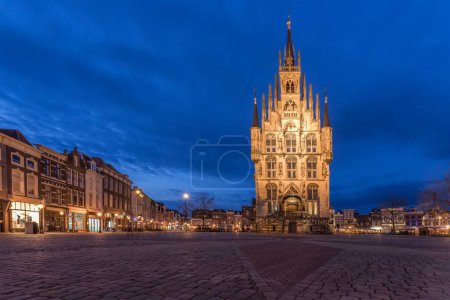 Photo for A scenic view of the City Hall of Gouda in the Netherlands during nighttime - Royalty Free Image