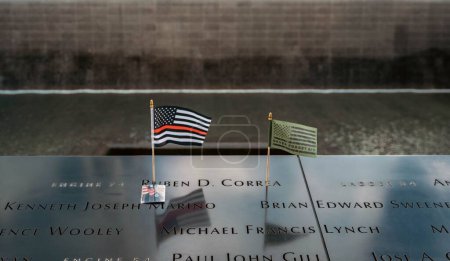 Photo for American flags on the memorial of September 11 in New York, Manhattan - Royalty Free Image