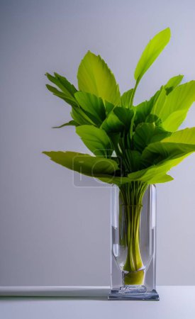 Foto de Una planta fresca en una maceta con hojas verdes brillantes colocadas sobre la mesa en la sala de estar - Imagen libre de derechos