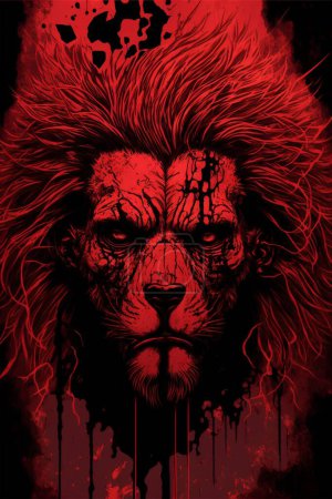 Foto de Ilustración vertical en 3D de un león sigma serio con cicatrices sobre un fondo rojo - Imagen libre de derechos