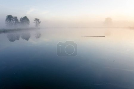 Téléchargez les photos : Une belle vue sur un lac couvert de brouillard. - en image libre de droit