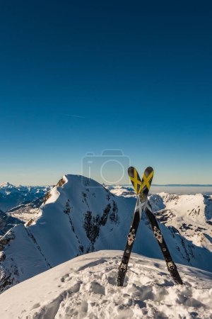 Foto de Un disparo vertical de un par de esquís pegados a la nieve en las montañas - Imagen libre de derechos