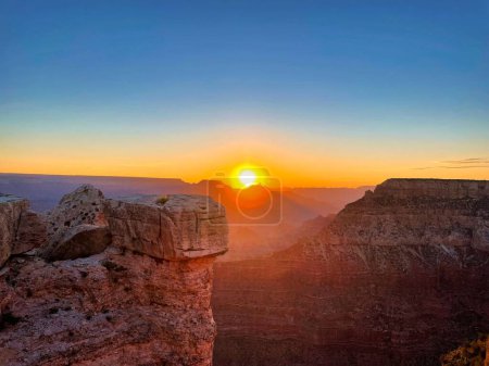 An aerial view of the Grand Canyon National Park at sunset in Arizona, US