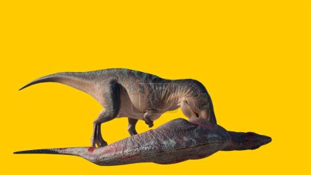 Ein Dinosaurierkönig Acrocanthosaurus steht in der Nähe eines Toten isoliert auf gelbem Hintergrund